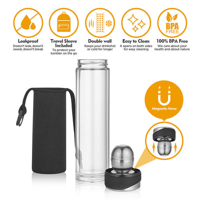 Tea Tumbler with Infuser | BPA Free Double Wall Glass Travel Tea Mug with Stainless Steel Ball Filter | Leakproof Tea Bottle with Strainer For Loose Leaf Tea and Fruit Water 16 Ounce